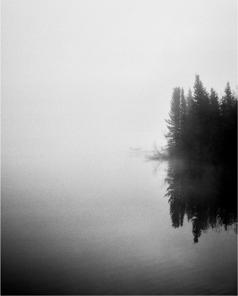 Friday Favourites. Black and white landscape image of a foggy lake with trees on the right hand side.