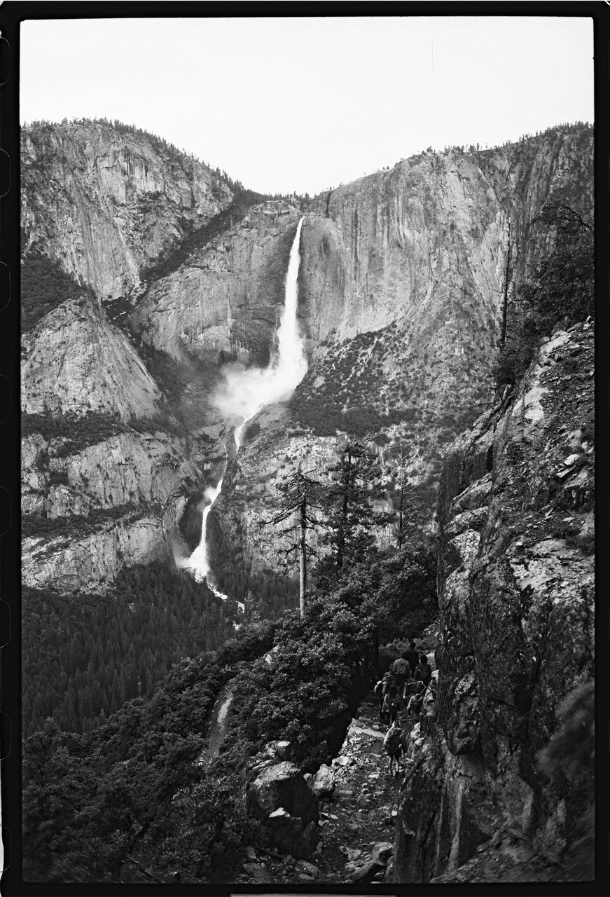 Justin Olsen. Black and white image of a view of a waterfall.