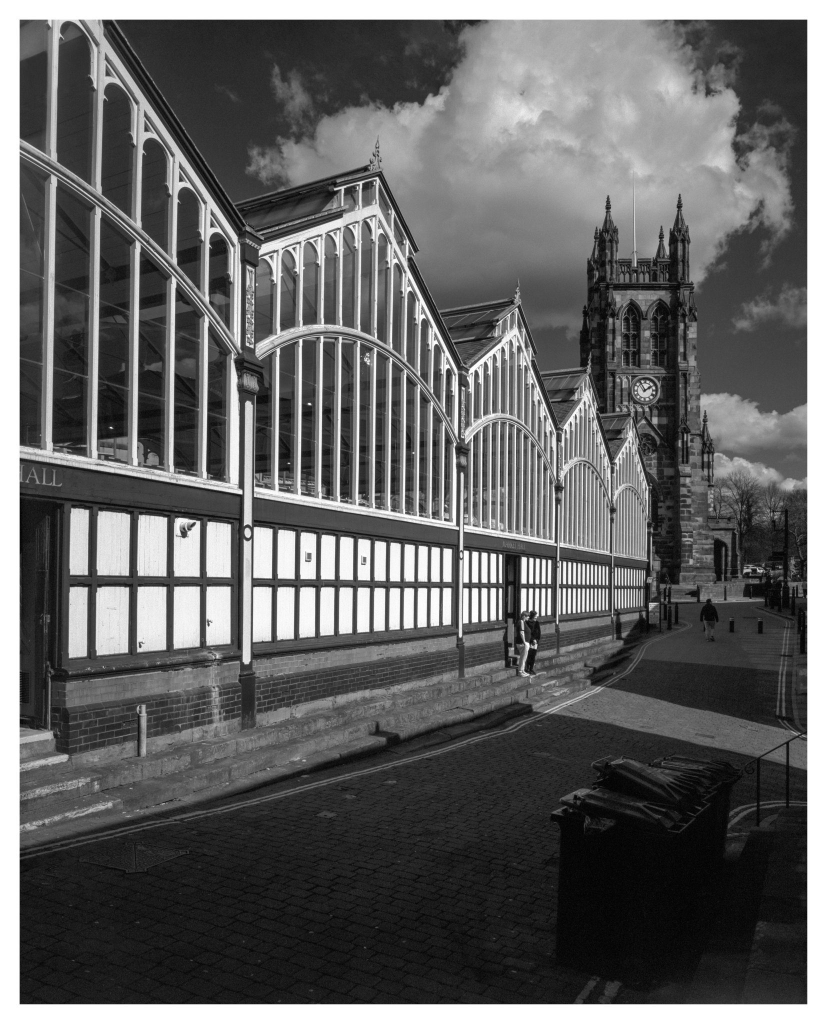 @JeandronBasking in the sun, outside of the historic Stockport Market Hall. (Intrepid 4x5 mk3, Fujinon 90mm 5.6, f45 1/15 sec, Ilford HP5+, red filter) #filmphotography #largeformat #film #Analog #blackandwhite #ilfordphoto #monochrome #stockport #church #fridayfavourites #manchester Friday favourites 