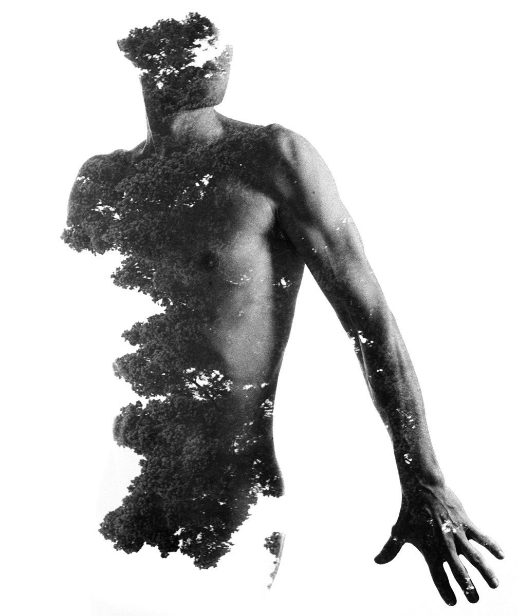 Ben Felton. Black and white double exposure of a mans body with nature on the left hand side