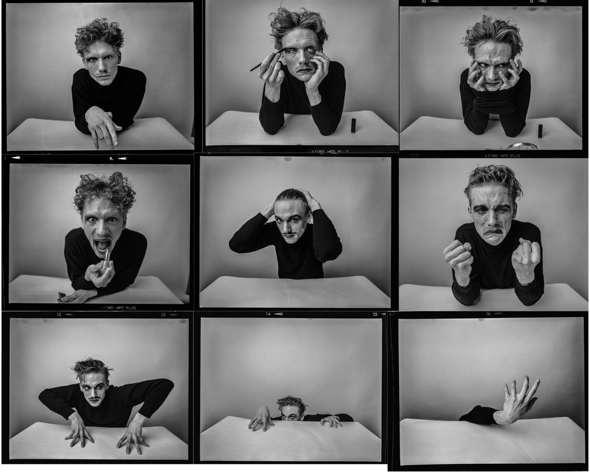 In Focus Jakob Stolz. Black and white contact sheet of a man posing for the camera.