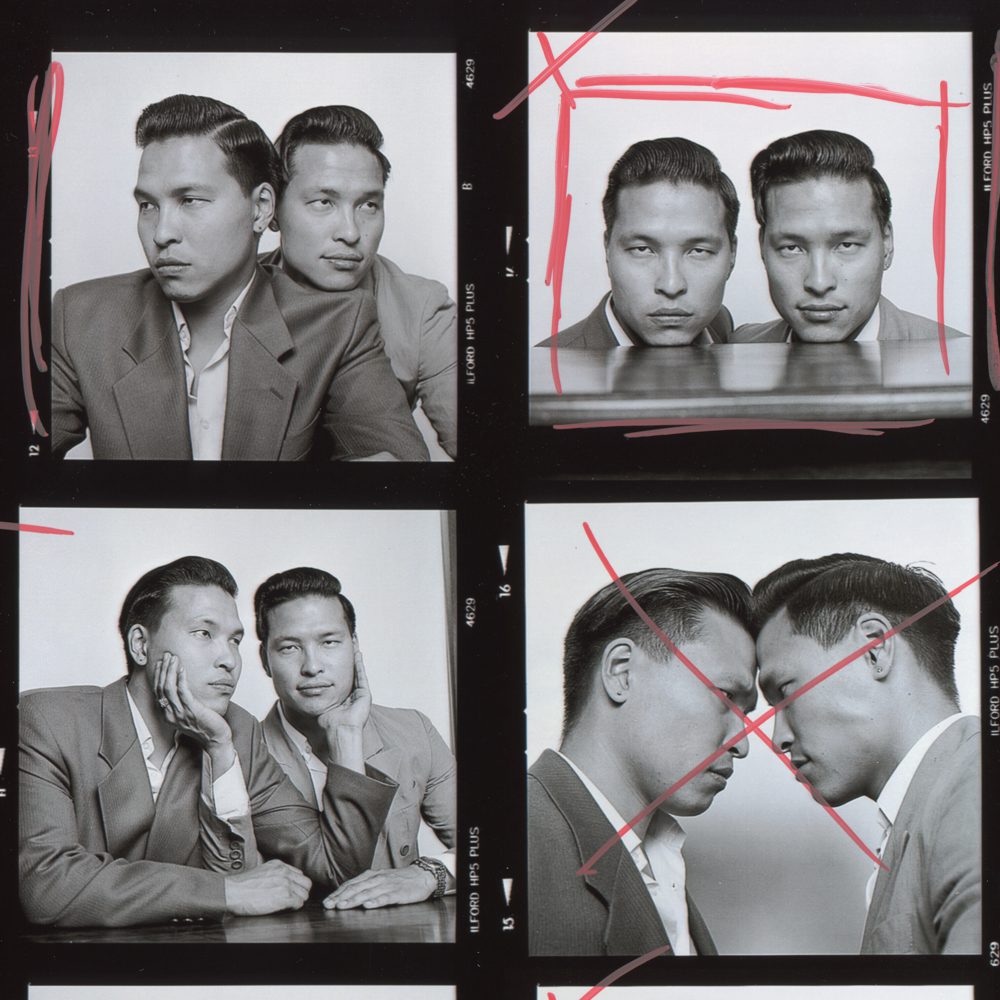 In Focus Jakob Stolz. Black and white contact sheet of two men posing for a photoshoot.