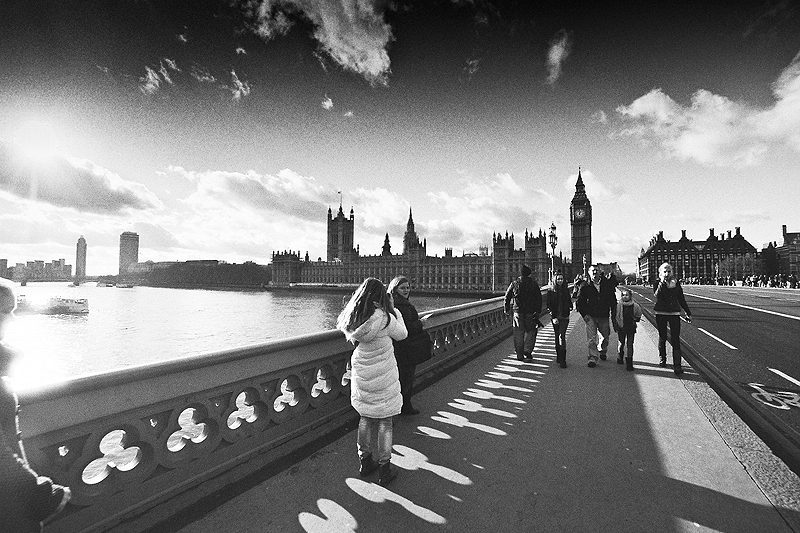 Black and white shot of a bridge in London